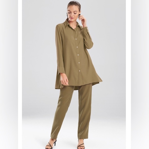 Natori Green Sanded Twill Long Sleeve Button Front Tunic Size S - Picture 1 of 8